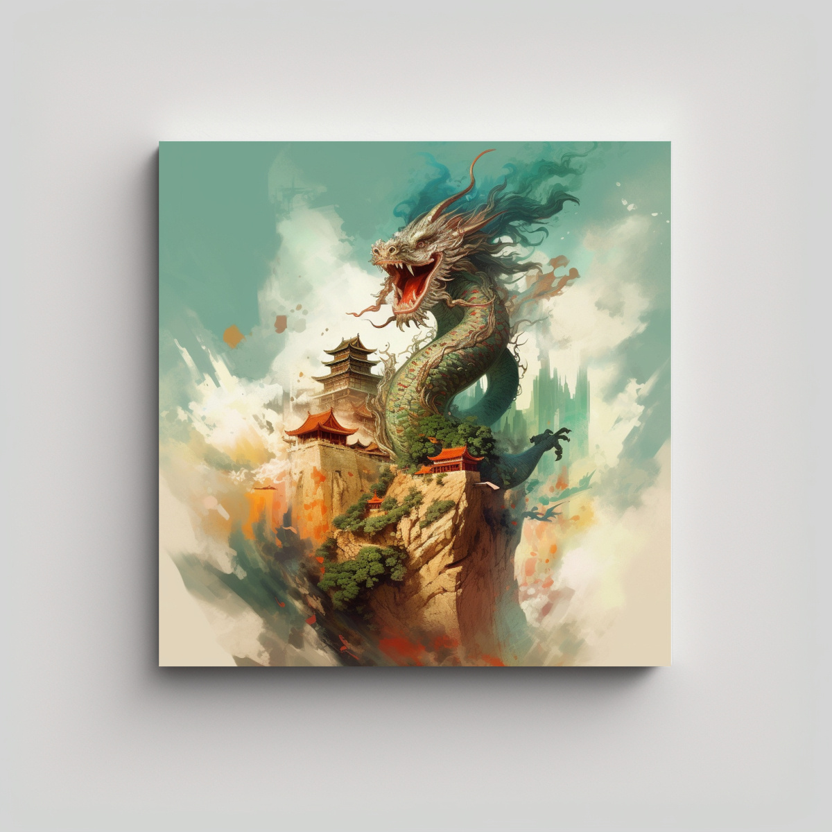 PINTURA EN TELA DE DRAGÓN VOLADOR SOBRE ESCENA 80X80 CM - 1