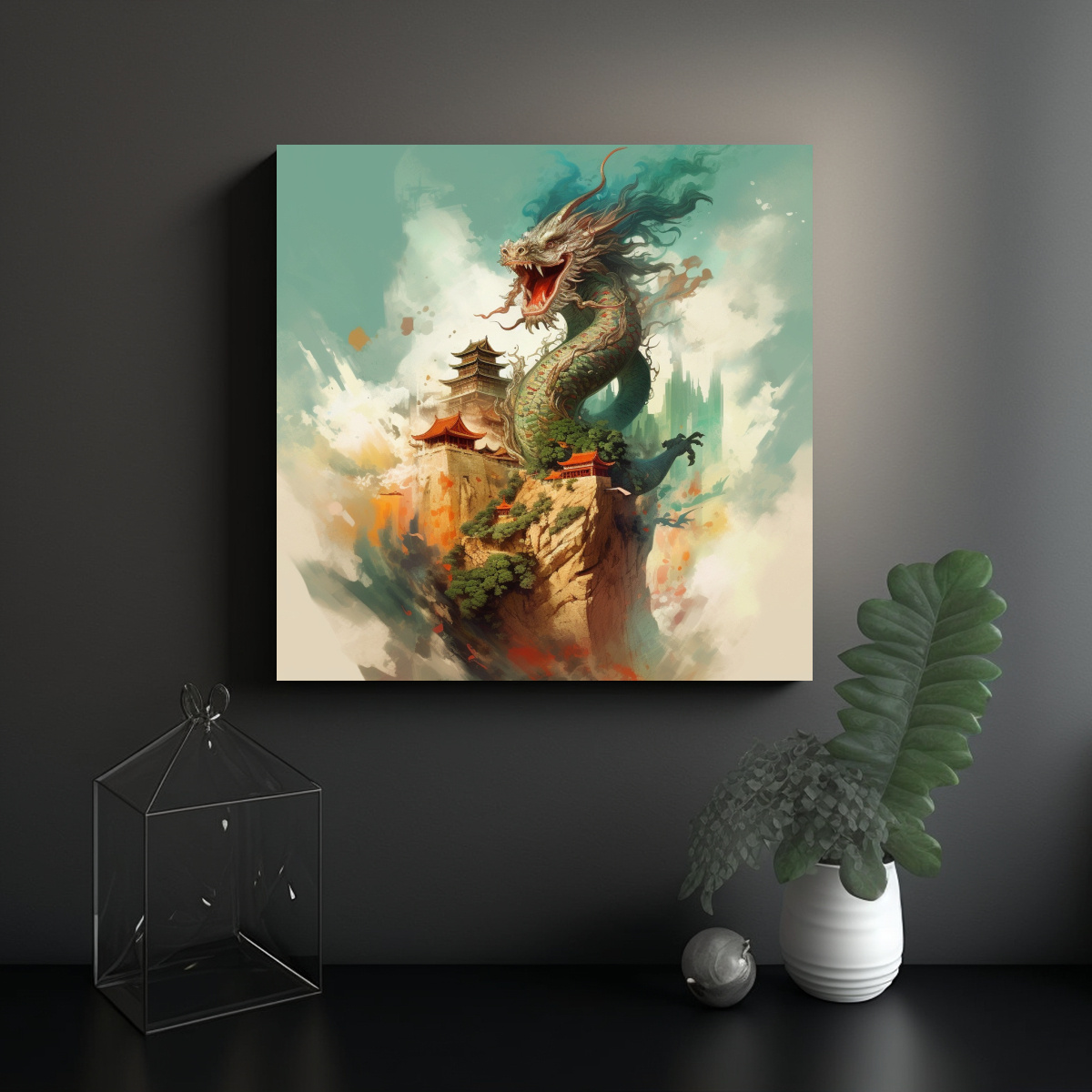 PINTURA EN TELA DE DRAGÓN VOLADOR SOBRE ESCENA 80X80 CM - 2