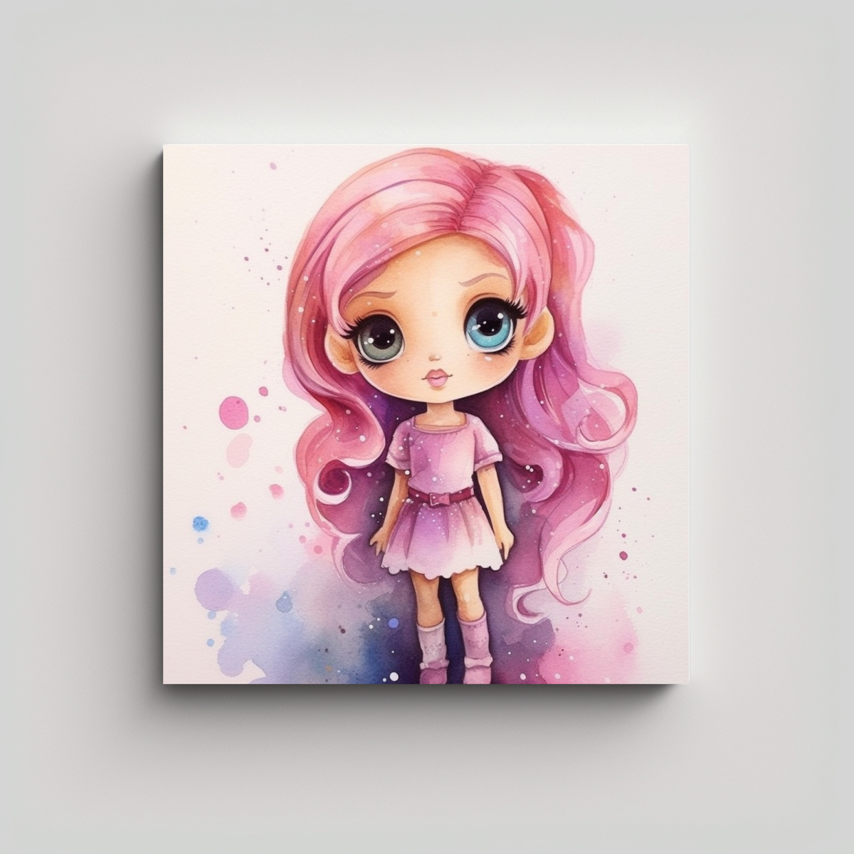 PINTURAS EN ACUARELA ESTILO CHIBI BARBIE, LIENZO 40X40 CM - 1