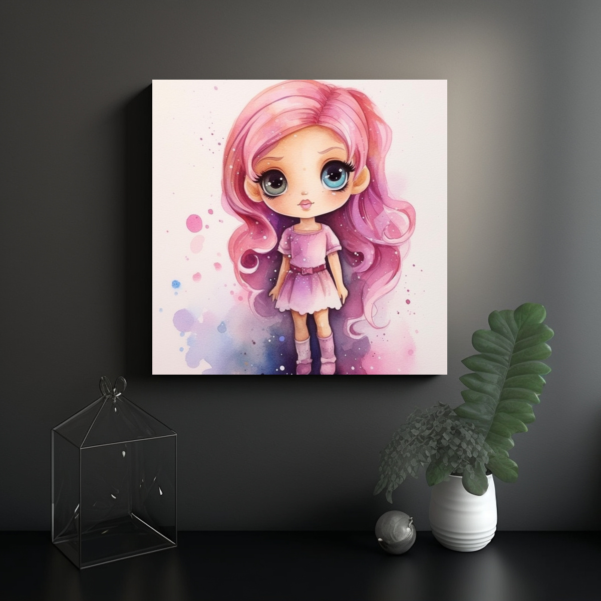 PINTURAS EN ACUARELA ESTILO CHIBI BARBIE, LIENZO 40X40 CM - 2