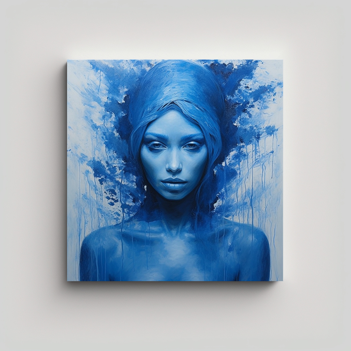 PINTURA MUJER AZUL EN LIENZO, CUADRO CULTURAL. 90X90 CM - 1