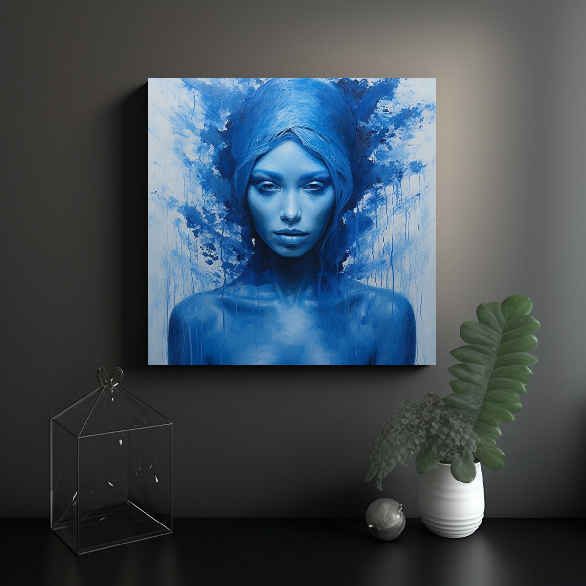 PINTURA MUJER AZUL EN LIENZO, CUADRO CULTURAL. 90X90 CM - 2