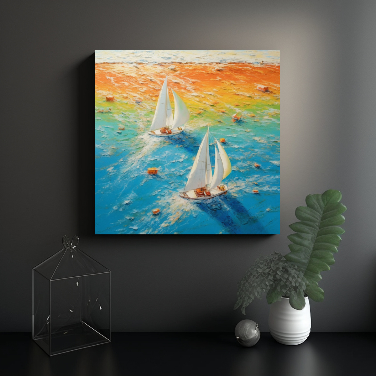 CUADRO LIENZO MAR COLOR VELEROS VISTOSOS VISTA 60X60 CM - 2