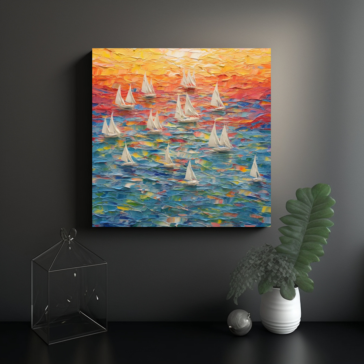 PINTURA DECORATIVA: CUADRO MARINO CON VELEROS 50X50 CM - 2