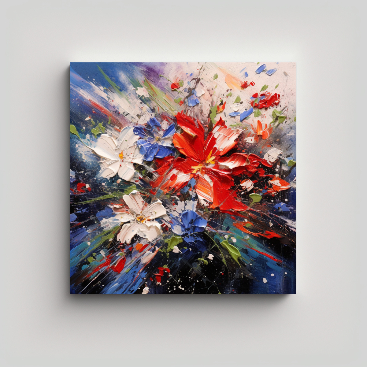 PINTURA EN LIENZO FLORES ROJAS, AZULES Y BLANCAS 70X70 CM - 1