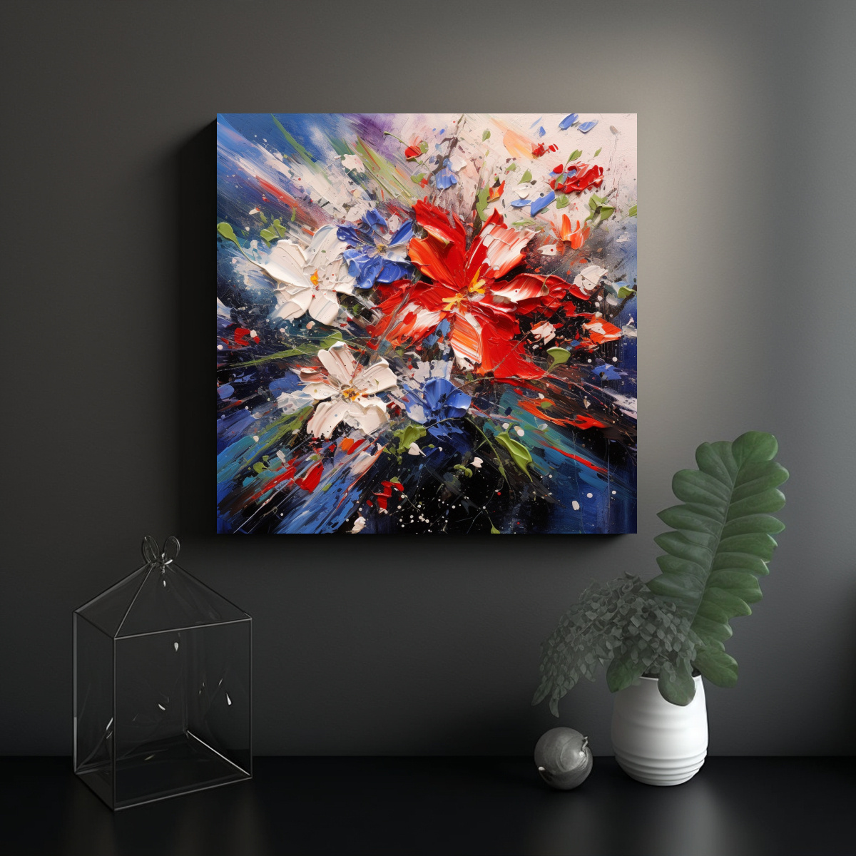 PINTURA EN LIENZO FLORES ROJAS, AZULES Y BLANCAS 70X70 CM - 2