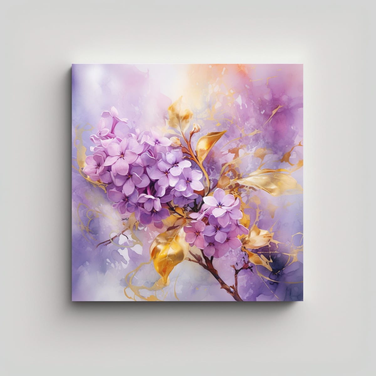 CUADRO MODERNO DE FLORES LILAS Y COLORES DORADOS 90X90 CM - 1