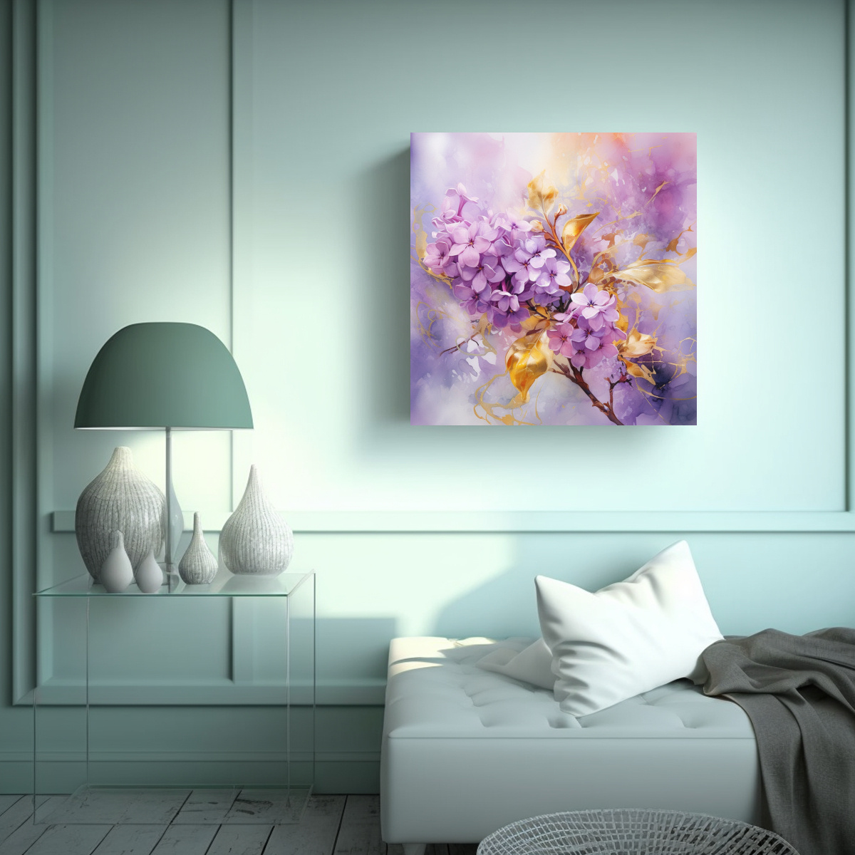 CUADRO MODERNO DE FLORES LILAS Y COLORES DORADOS 90X90 CM - 2