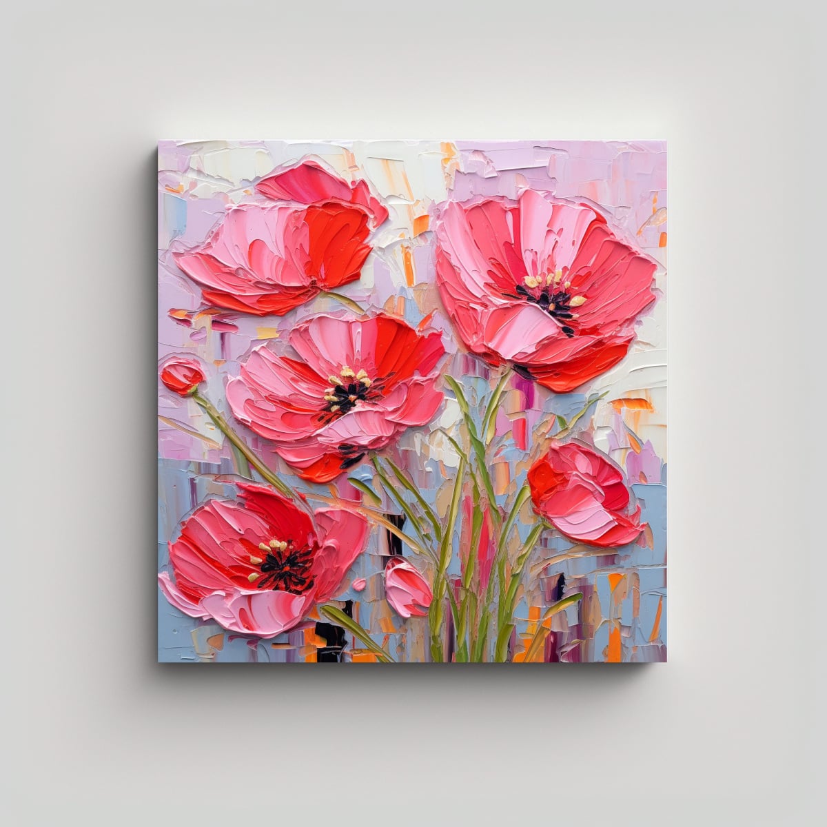 PINTURA DE FLORES EN LIENZO EN TONOS ROJO Y ROSA 80X80 CM - 1
