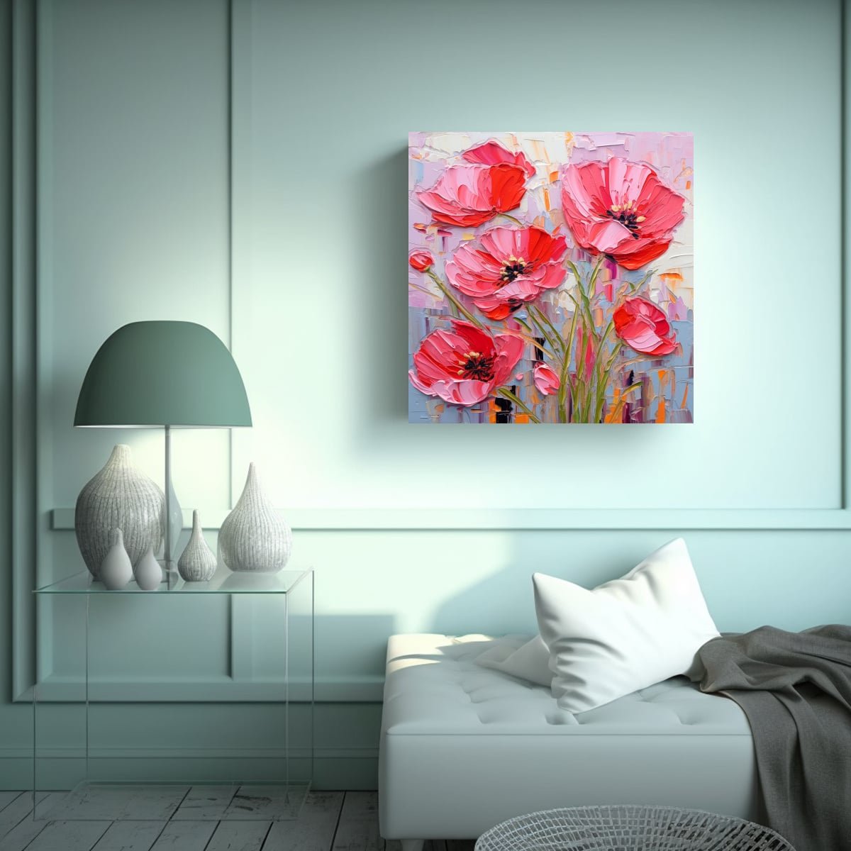 PINTURA DE FLORES EN LIENZO EN TONOS ROJO Y ROSA 80X80 CM - 2