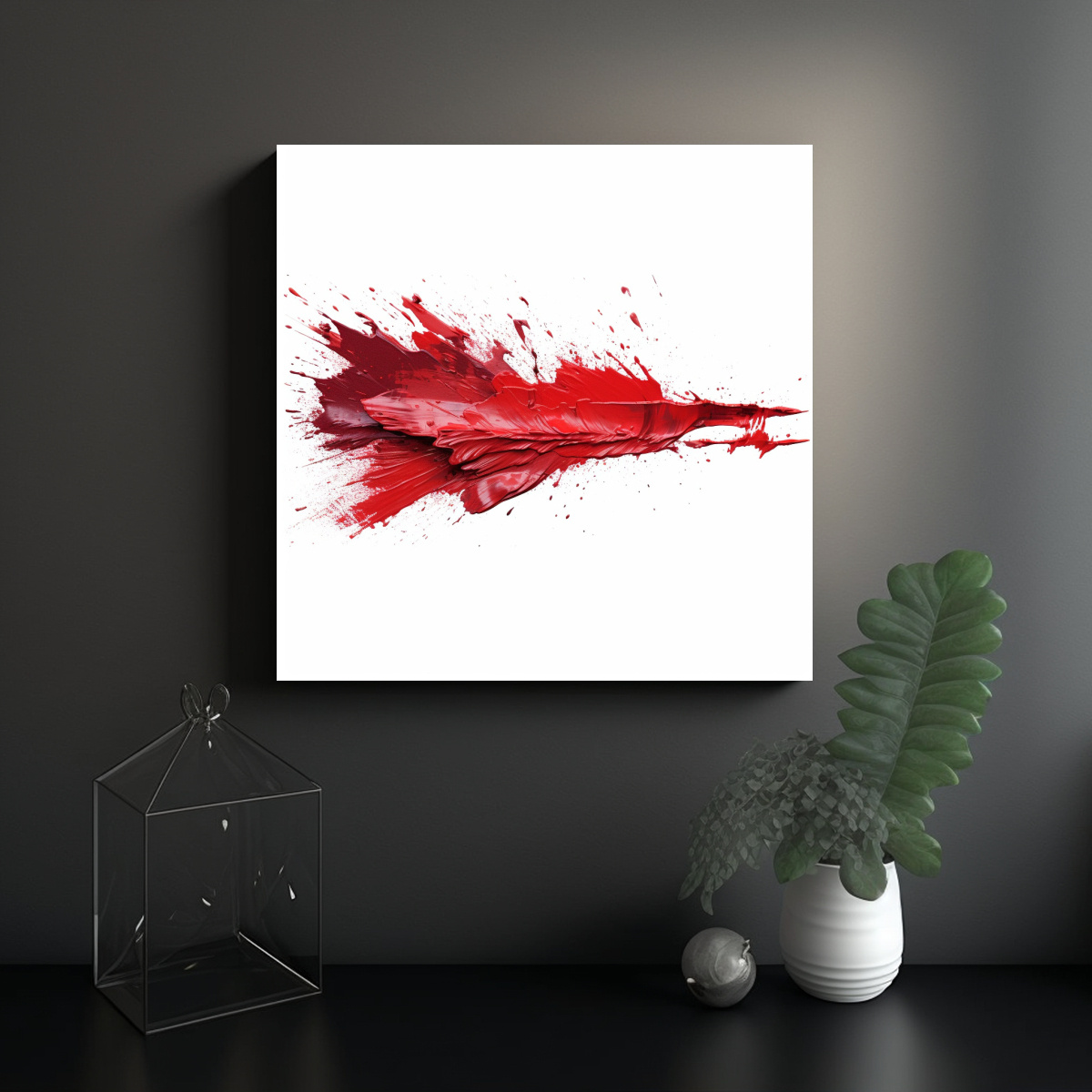 PINTURA DECORATIVA DE PINCELADAS ROJAS Y BLANCAS. 70X70 CM - 2