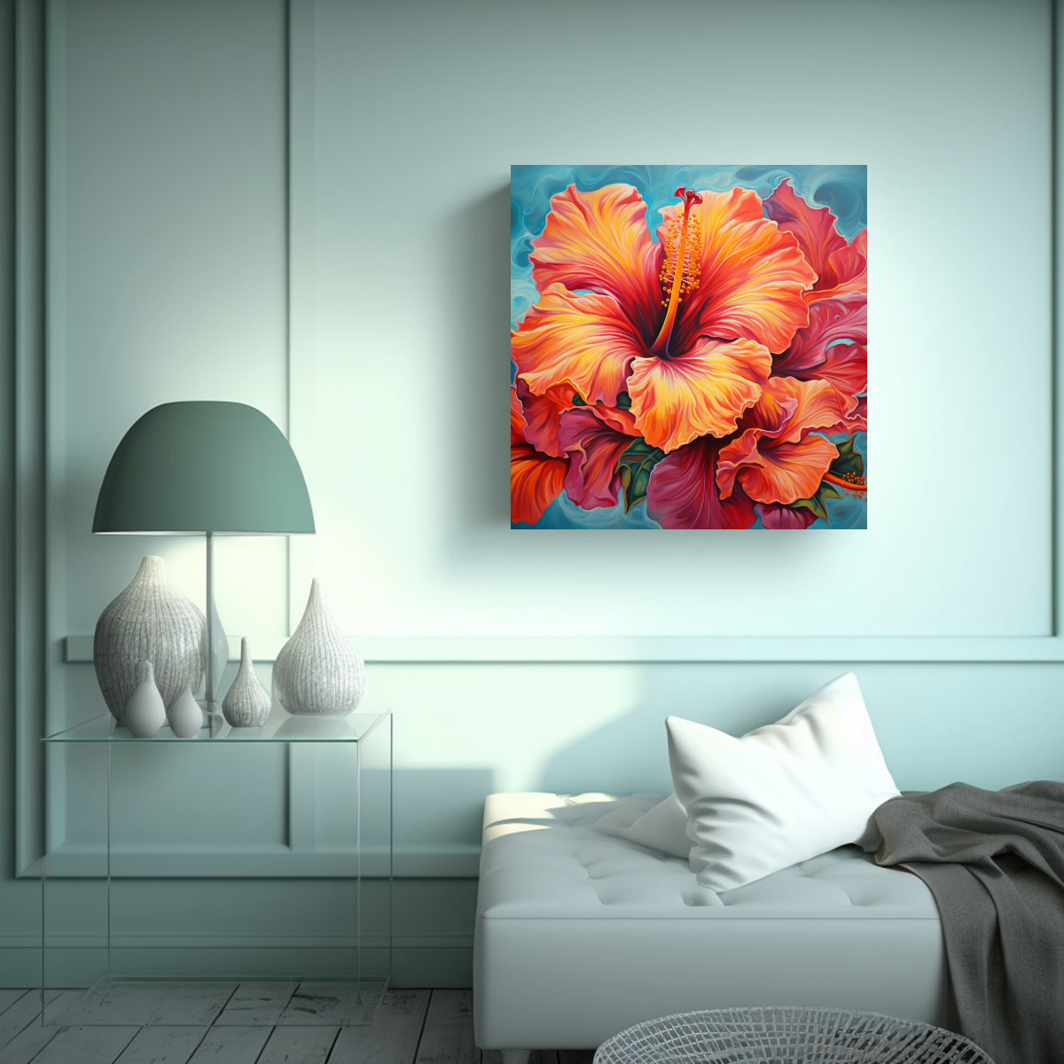 CUADRO ABSTRACTO DE FLORES DE HIBISCO EN ÓLEO 50X50 CM - 2