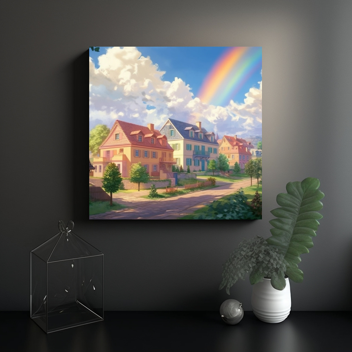 PINTURA CUADRO RESIDENCIAL CON CASAS COLORIDAS 30X30 CM - 2