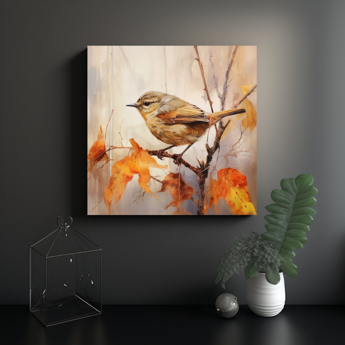 PINTURAS DECORATIVAS DE RAMAS DE MIRLO DE OTOÑO 30X30 CM - 2