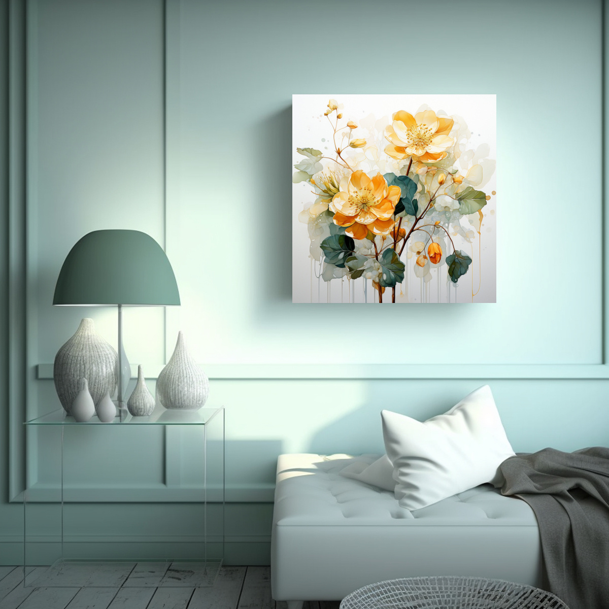 PINTURA ABSTRACTA DE FLORES DE TILO BLANCO Y 50X50 CM - 2