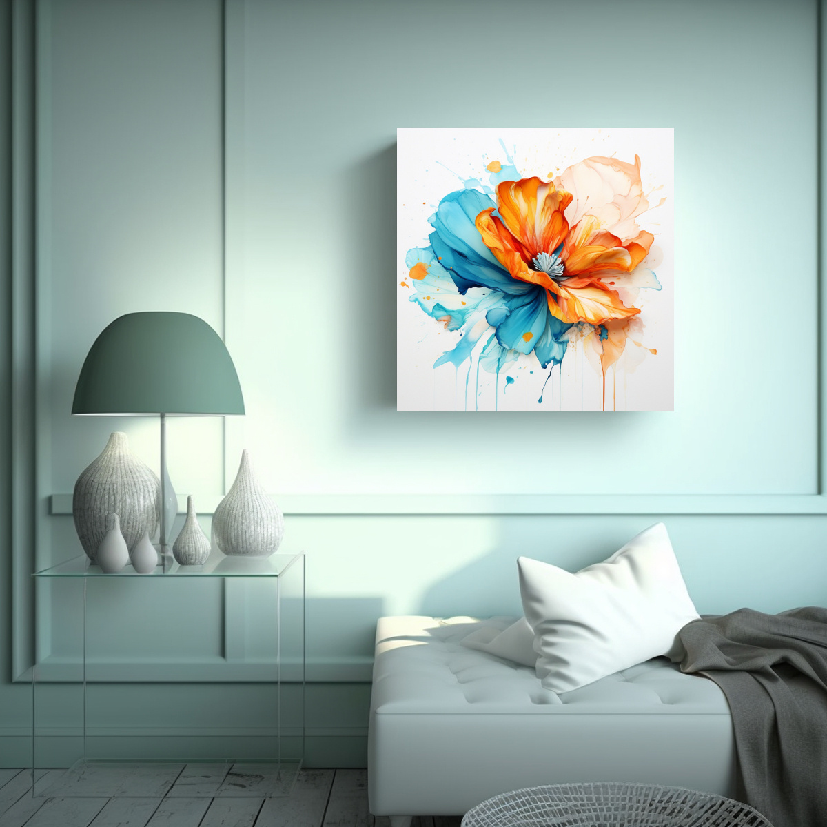 CUADRO ABSTRACTO DE TONOS TURQUESA Y NARANJA CON 70X70 CM - 2
