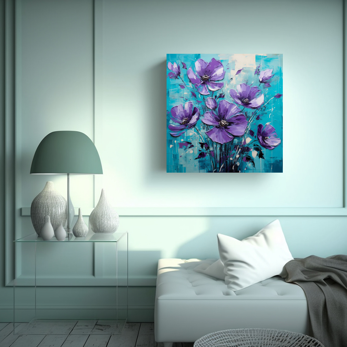 CUADRO IMPRESO IMPACTANTE FLORES PÚRPURAS Y 90X90 CM - 2