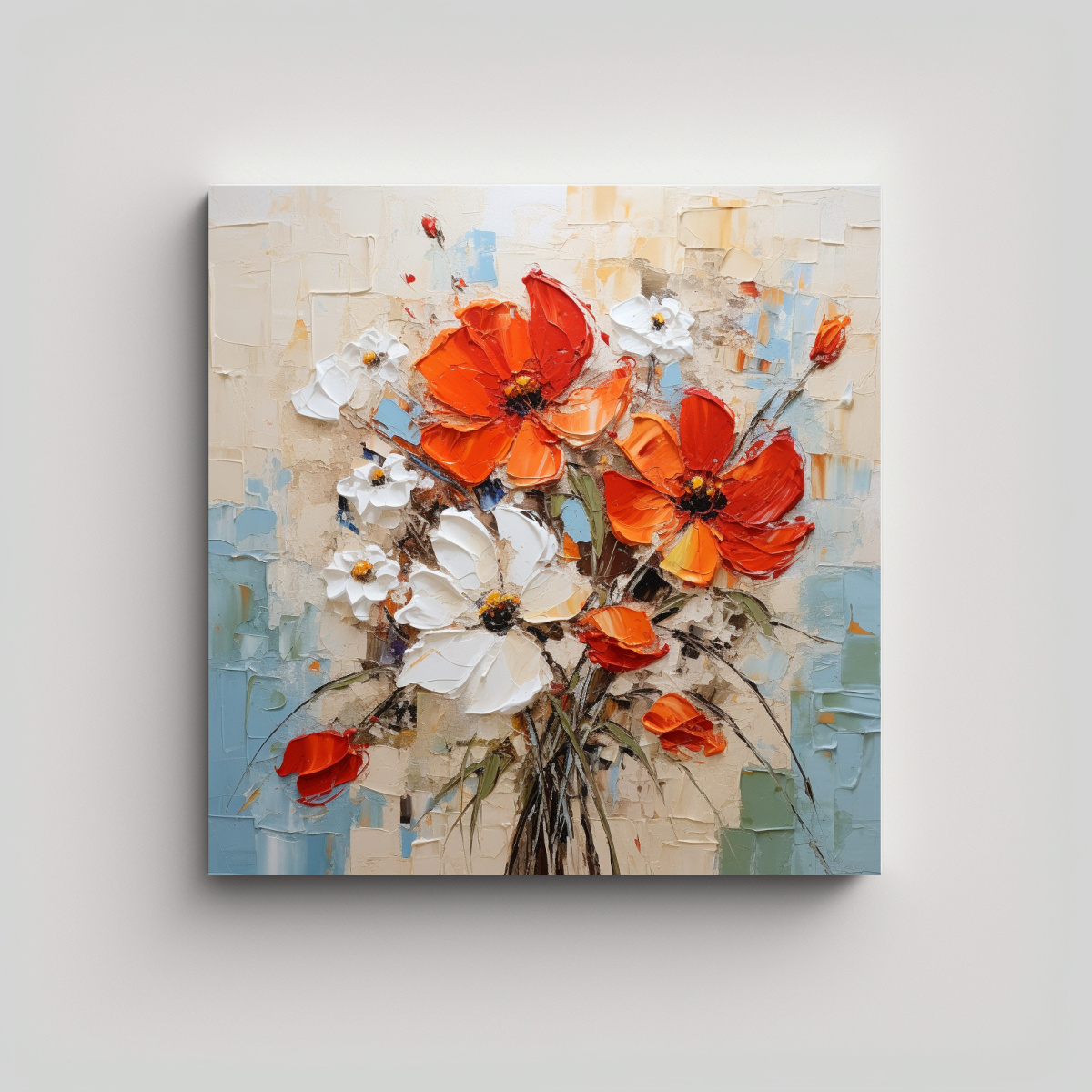 LIENZO ACUARELA SALÓN A FLORES ROJAS Y NARANJAS 100X100 CM - 1