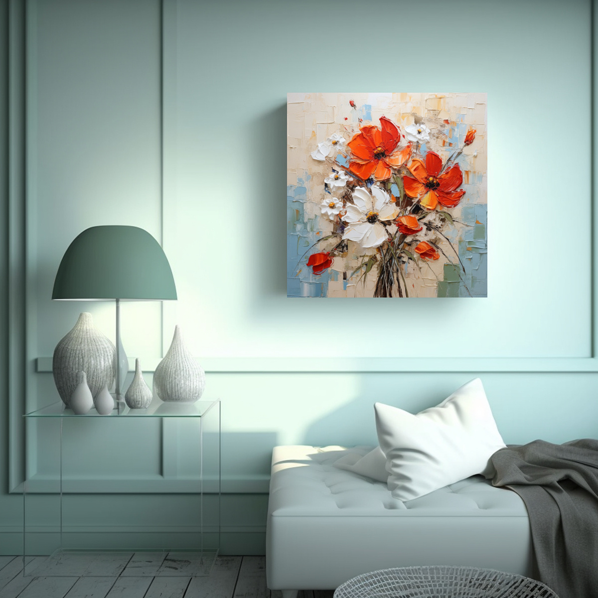 LIENZO ACUARELA SALÓN A FLORES ROJAS Y NARANJAS 100X100 CM - 2
