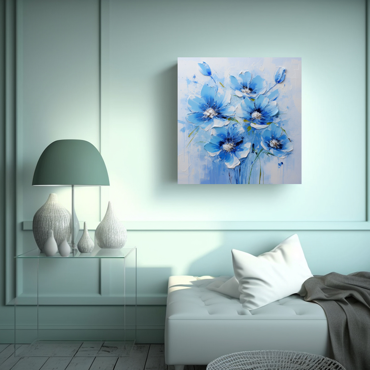 PAISAJE EN AZUL CON FLORES EN LIENZO ESTILO 80X80 CM - 2