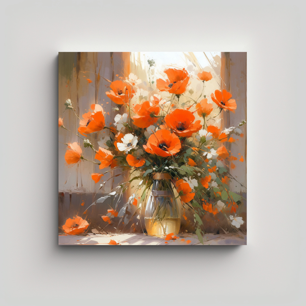 PINTURA EN LIENZO DE FLORES DE COLORES NARANJA EN 70X70 CM - 1