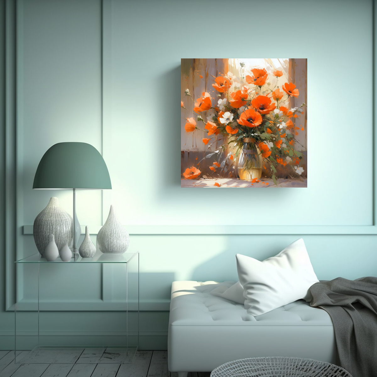 PINTURA EN LIENZO DE FLORES DE COLORES NARANJA EN 70X70 CM - 2