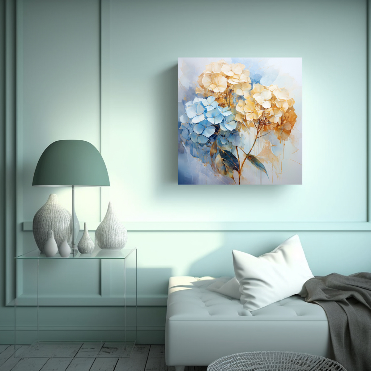PINTURAS ABSTRACTAS DE FLORES HORTENSIAS BLANCAS 40X40 CM - 2