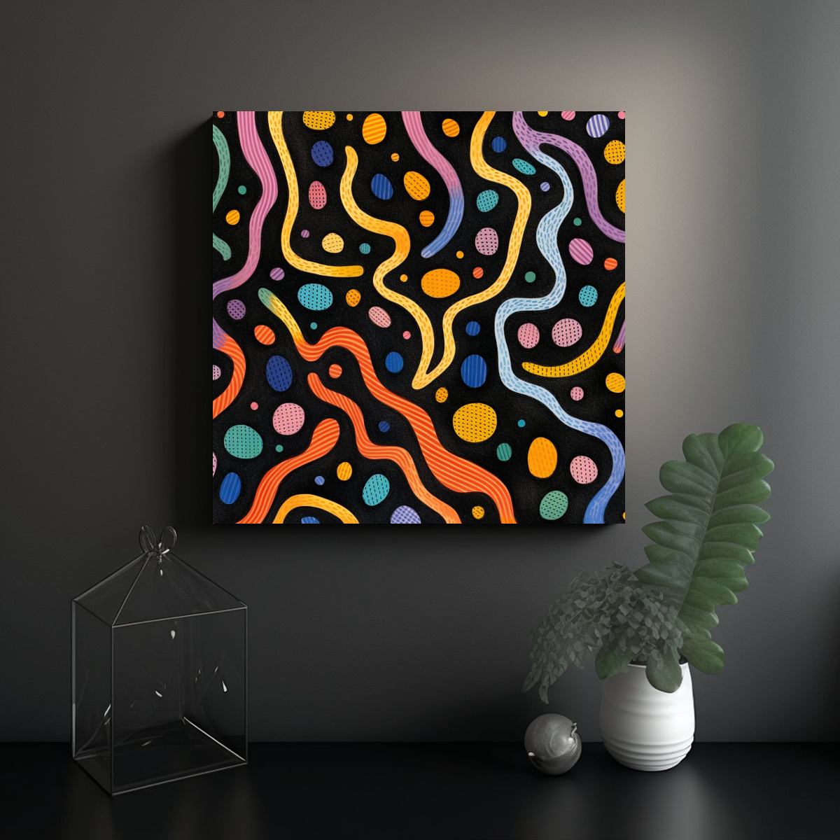 CUADRO MINIMALISTA DE COLORIDOS GARABATOS Y CURVAS 30X30 CM - 2
