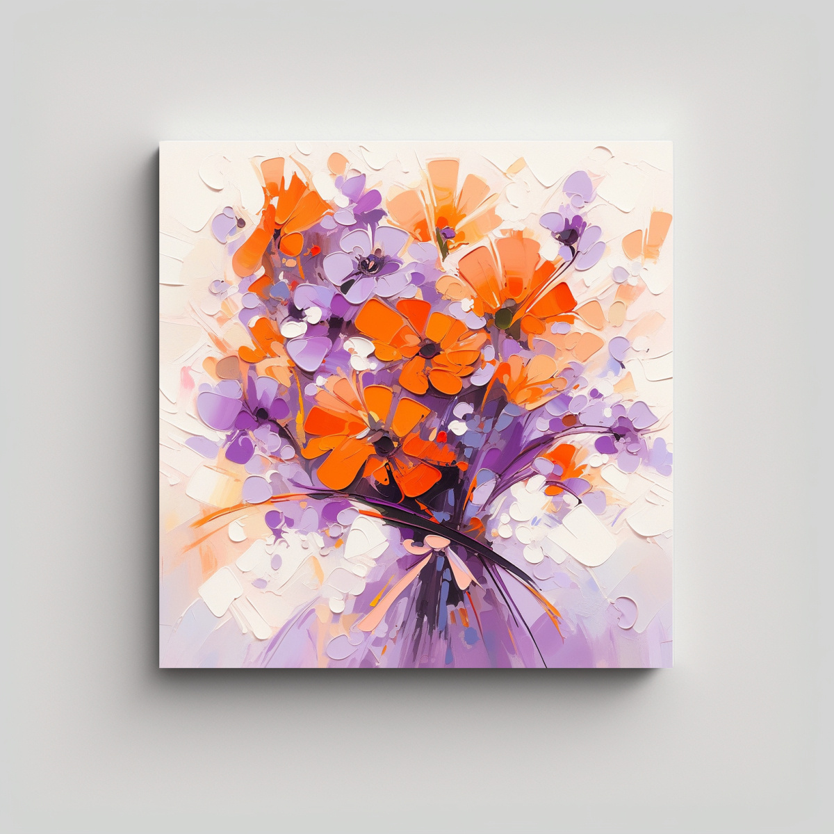 PINTURA ABSTRACTA DE FLORES PÚRPURAS Y NARANJAS 50X50 CM - 1