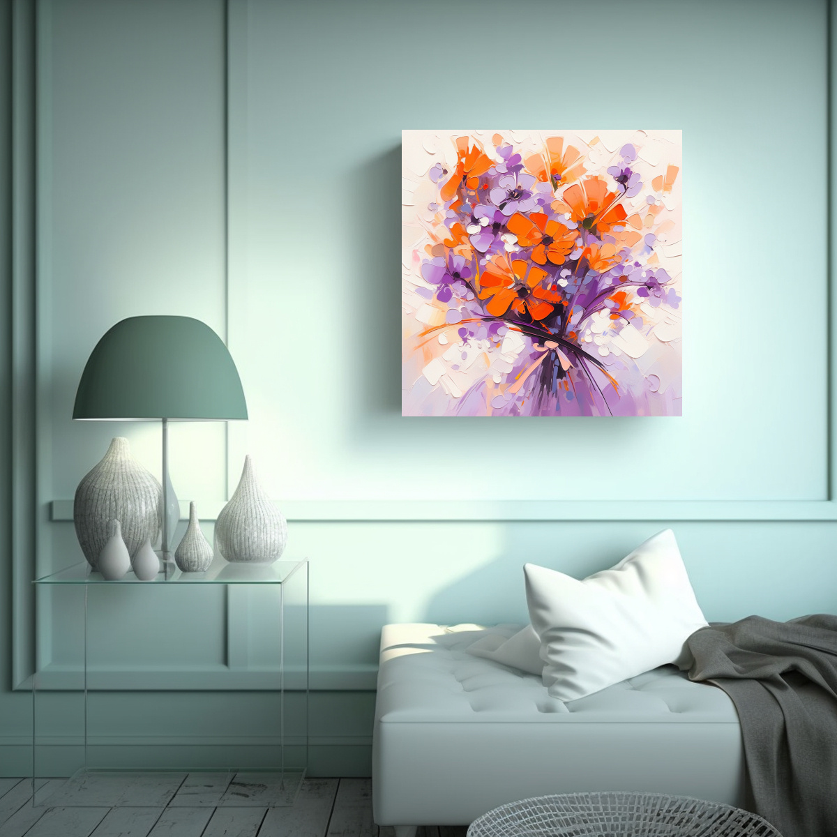 PINTURA ABSTRACTA DE FLORES PÚRPURAS Y NARANJAS 50X50 CM - 2