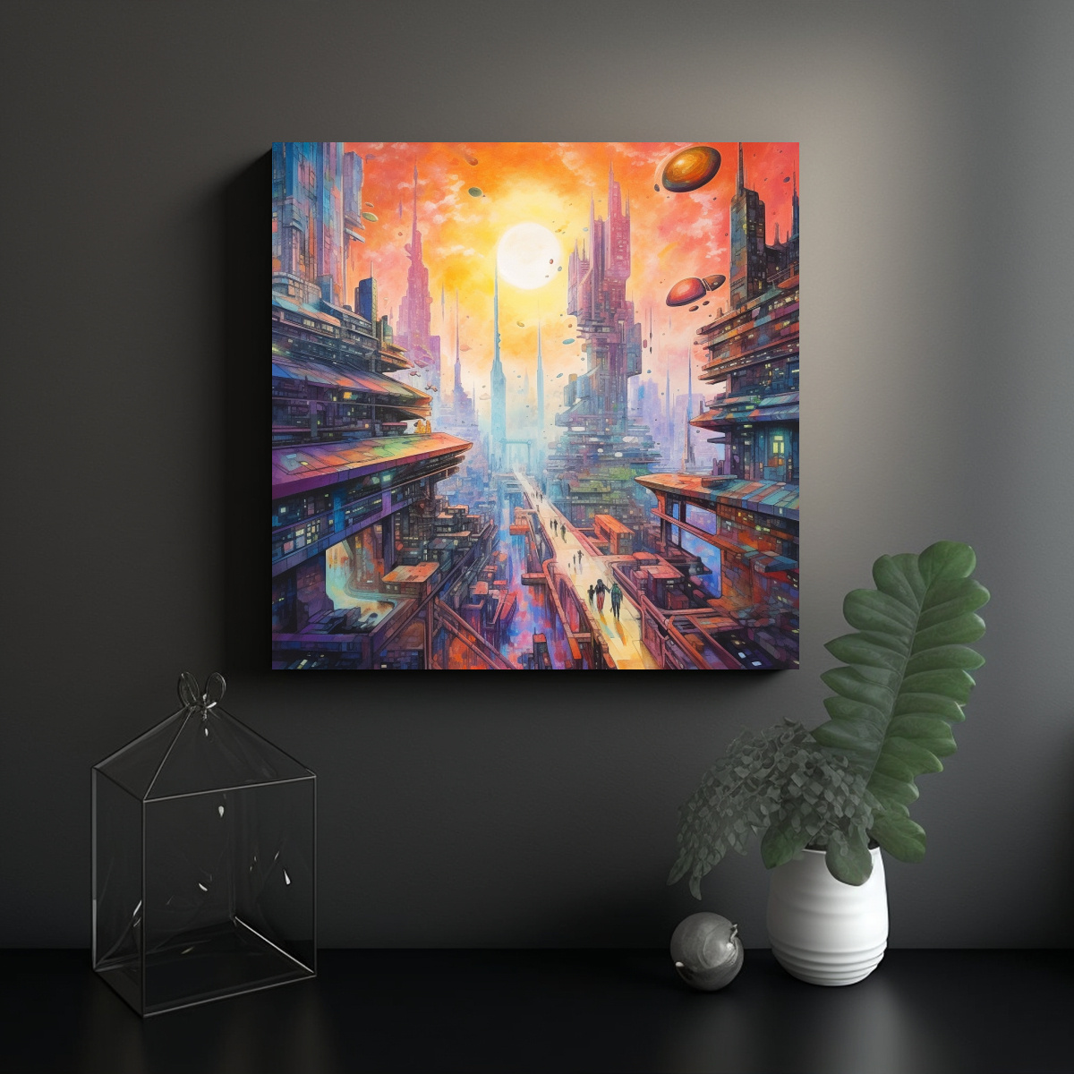 PINTURA ACUARELA DE UN MUNDO MÍTICO CON CIELOS 20X20 CM - 2