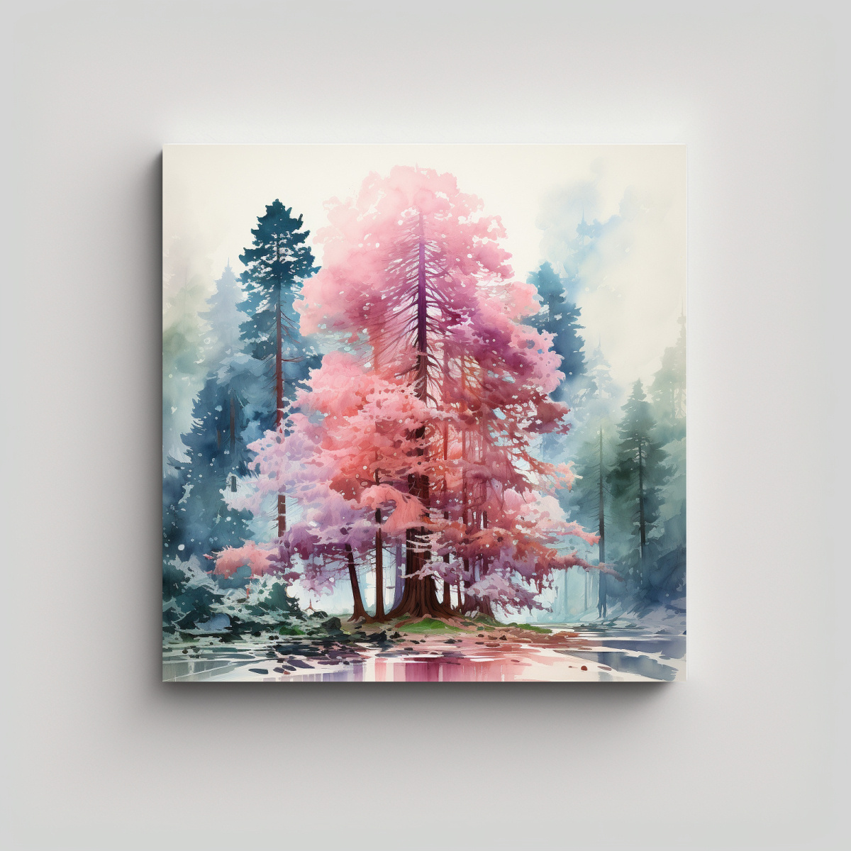 PINTURA ABSTRACTA DE ÁRBOL REDWOOD EN ROSA Y 90X90 CM - 1