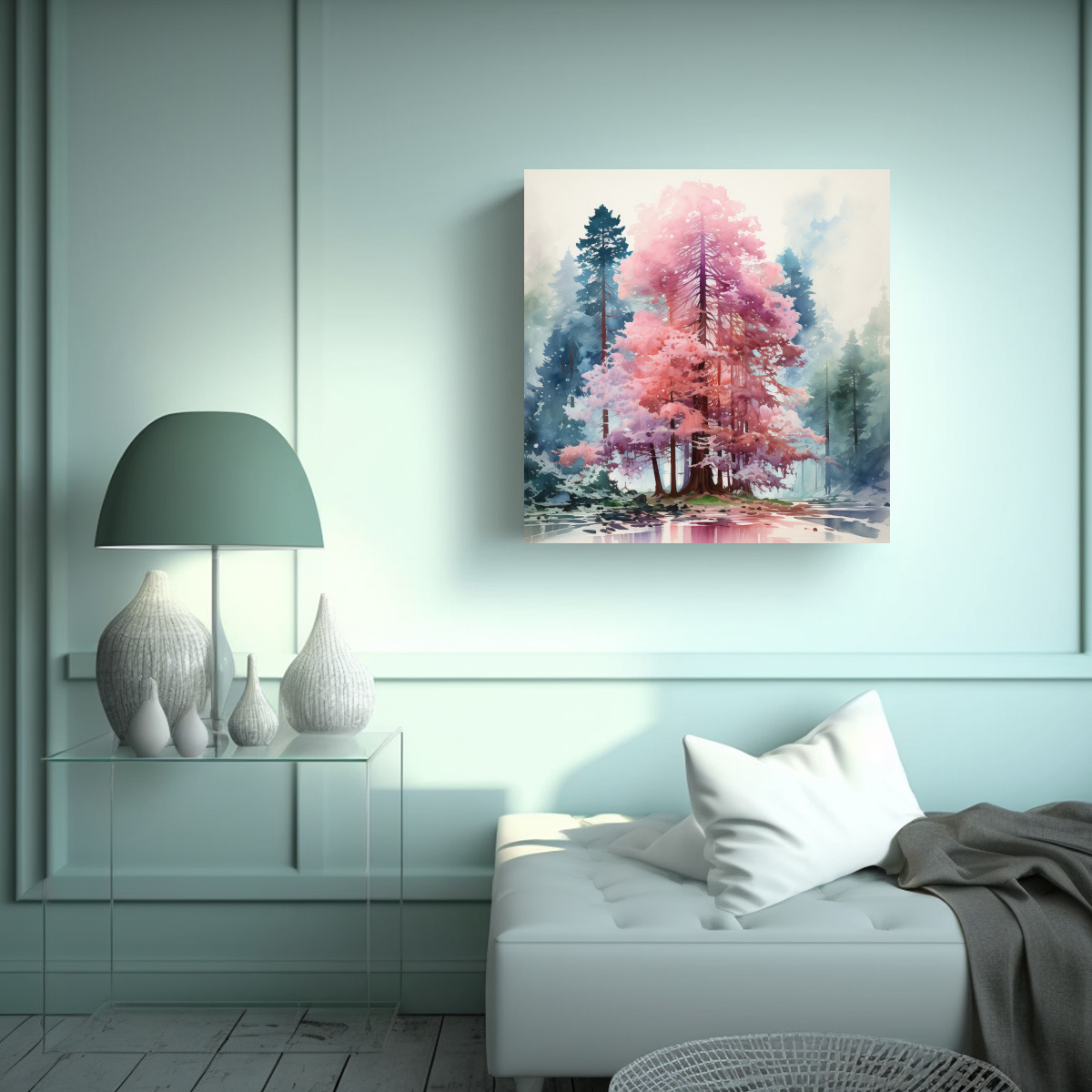 PINTURA ABSTRACTA DE ÁRBOL REDWOOD EN ROSA Y 90X90 CM - 2