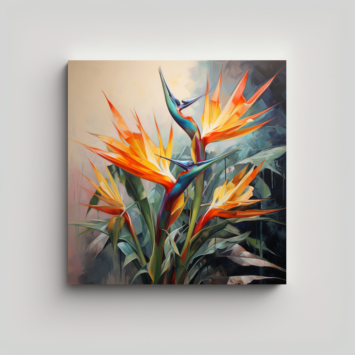 PINTURA ABSTRACTA DE FLORES DEL AVE DEL PARAÍSO 60X60 CM - 1