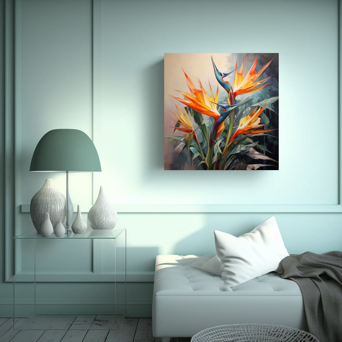 PINTURA ABSTRACTA DE FLORES DEL AVE DEL PARAÍSO 60X60 CM - 2