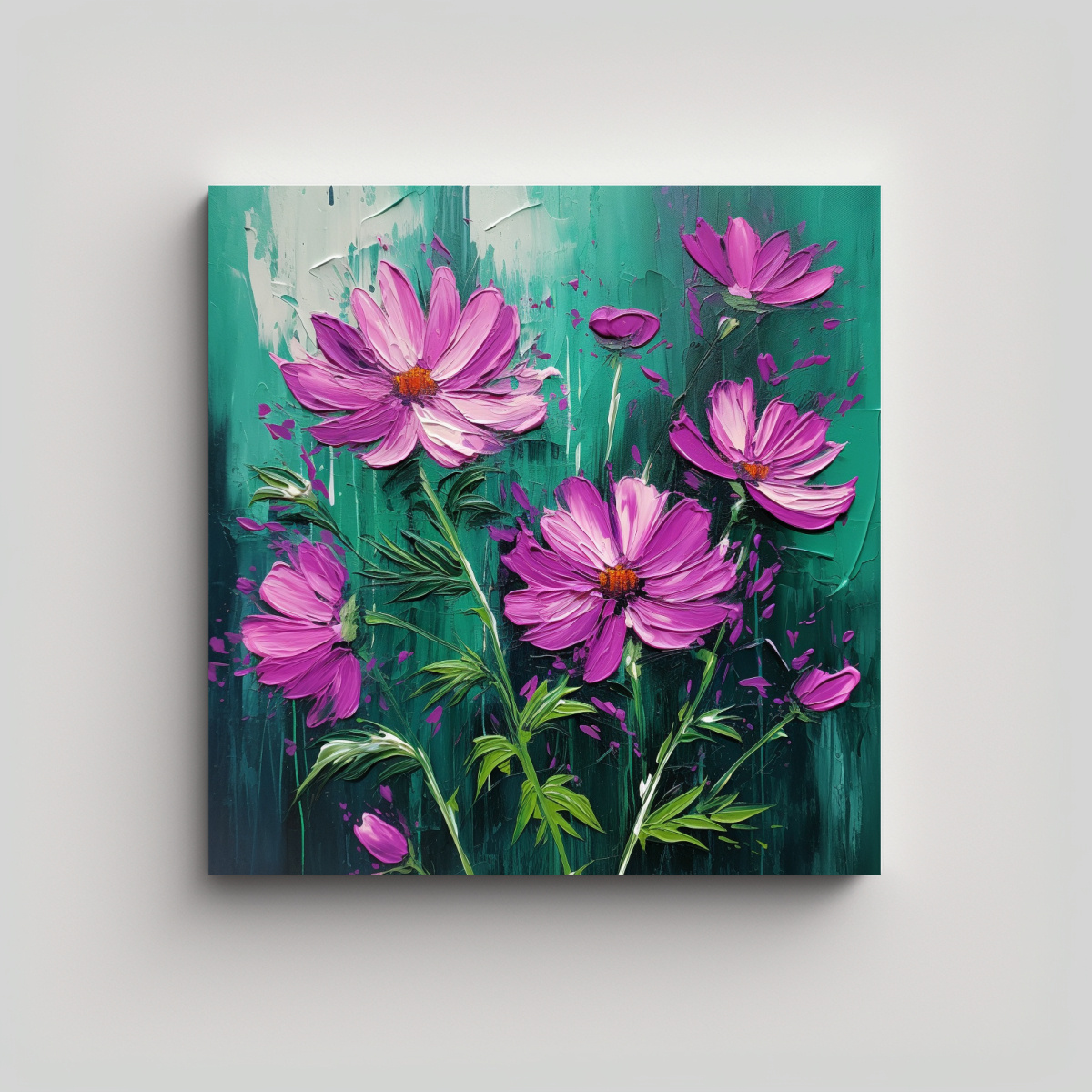 CUADRO DE FLORES VERDES Y MAGENTA EN LIENZO PARA 80X80 CM - 1