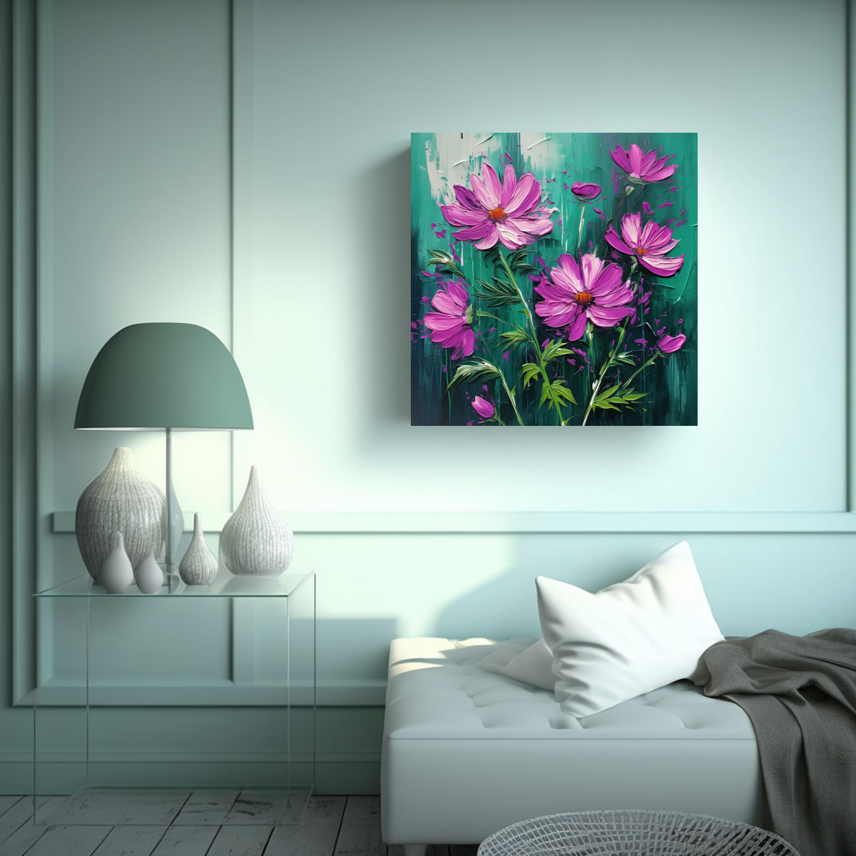 CUADRO DE FLORES VERDES Y MAGENTA EN LIENZO PARA 80X80 CM - 2