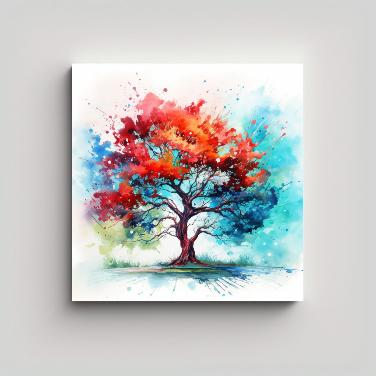 PINTURA ABSTRACTA EN ROJO Y TURQUESA: 40X40 CM - 1