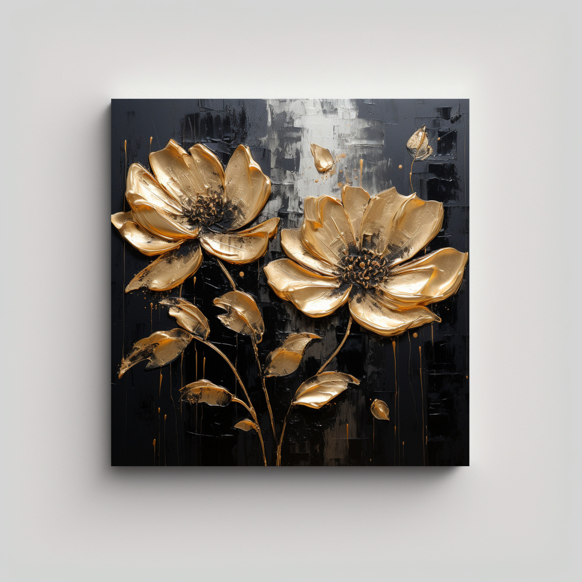 CUADRO PINTURA FLOR ORO Y NEGRO EN LIENZO DE ALTA 40X40 CM - 1