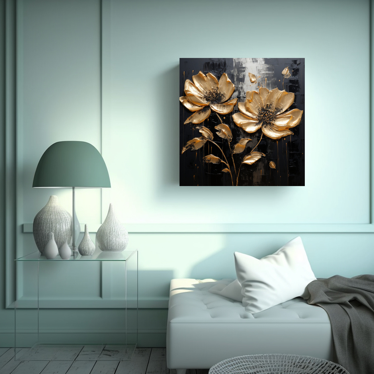 CUADRO PINTURA FLOR ORO Y NEGRO EN LIENZO DE ALTA 40X40 CM - 2