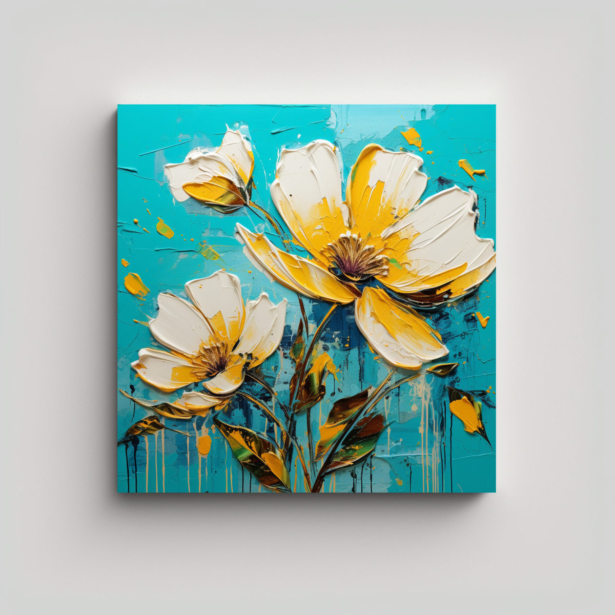 PINTURA DE FLORES AMARILLAS Y TURQUESAS EN LIENZO 60X60 CM - 1
