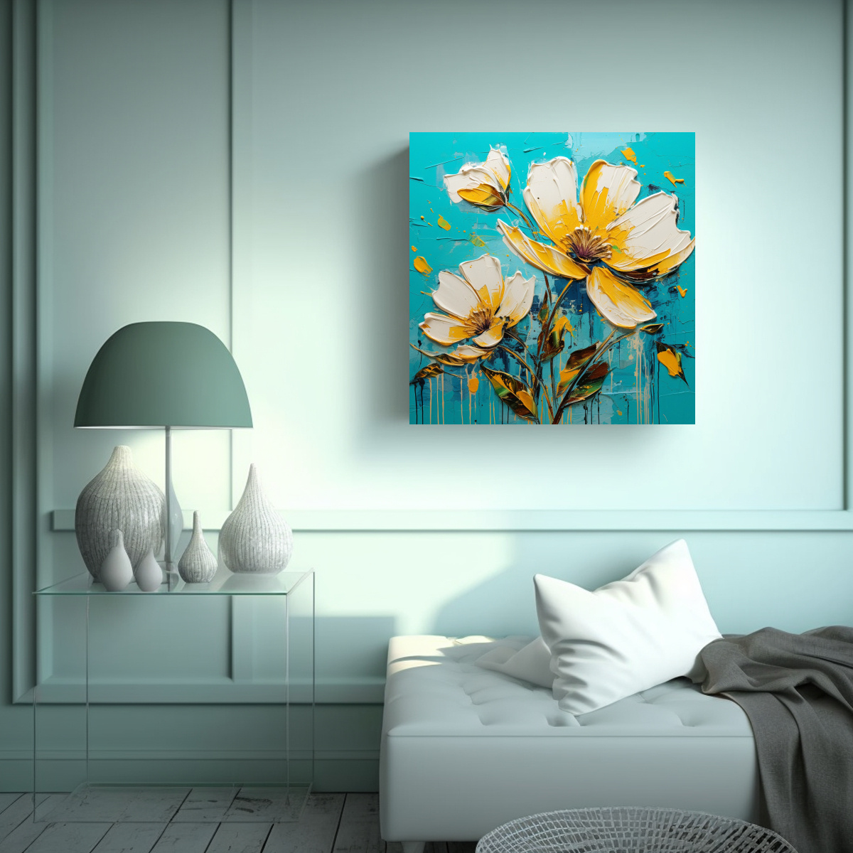 PINTURA DE FLORES AMARILLAS Y TURQUESAS EN LIENZO 60X60 CM - 2