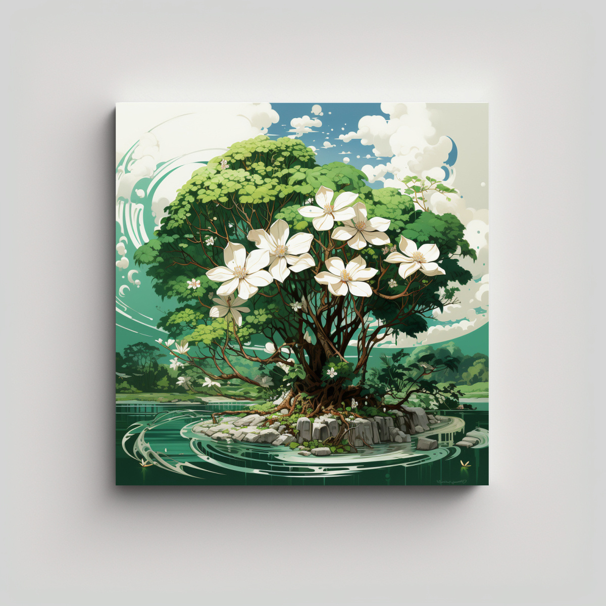 CUADRO VANGUARDIA PERSPECTIVA EN VERDE Y BLANCO, 100X100 CM - 1