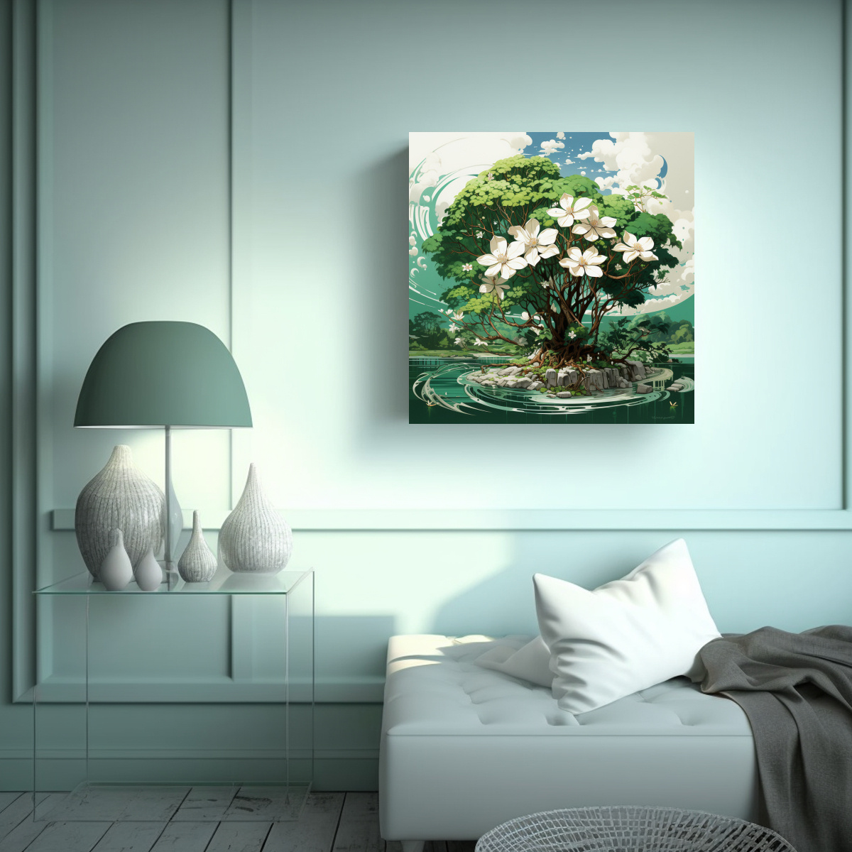 CUADRO VANGUARDIA PERSPECTIVA EN VERDE Y BLANCO, 100X100 CM - 2