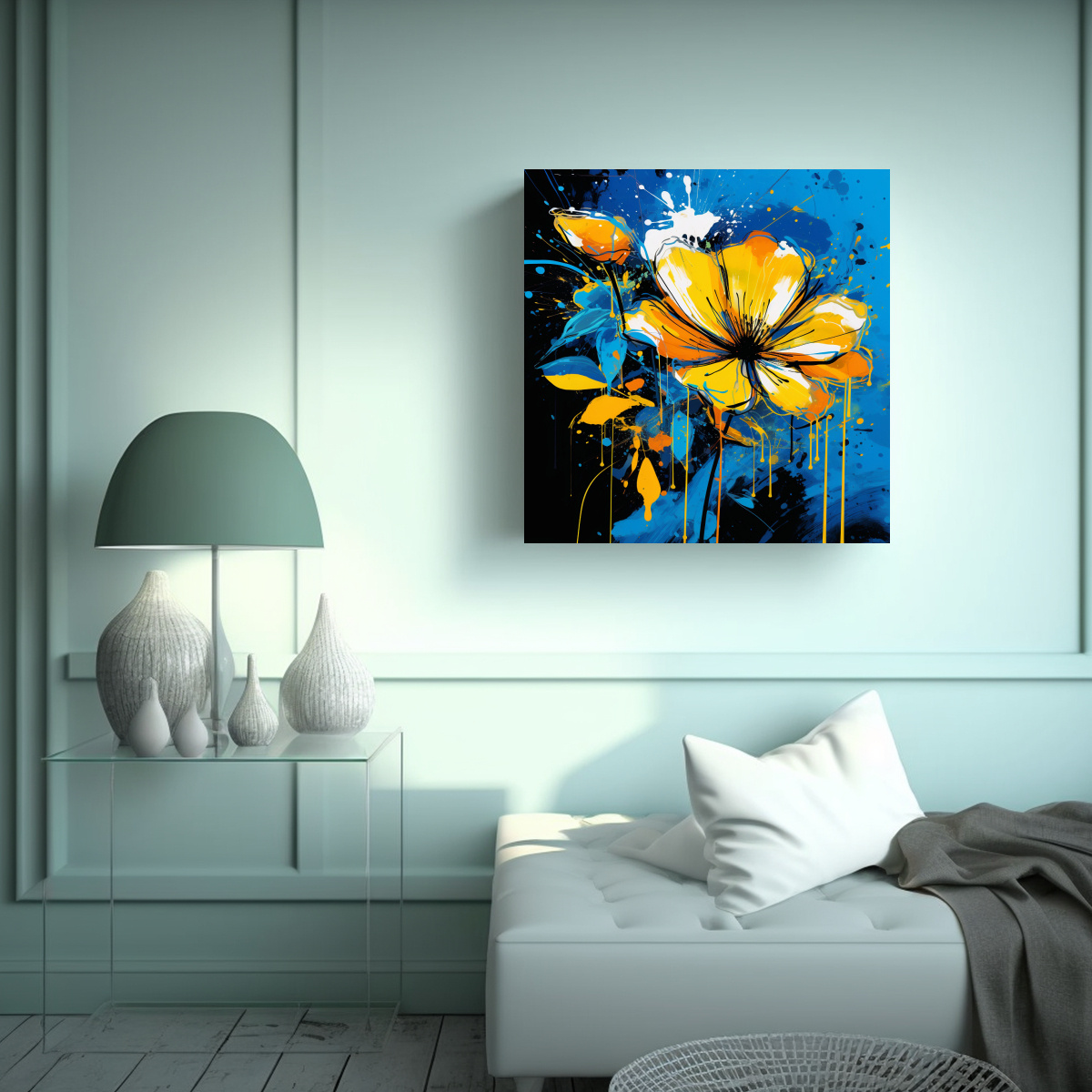 PINTURA DECORATIVA DE PARED AMARILLA Y AZUL 80X80 CM - 2