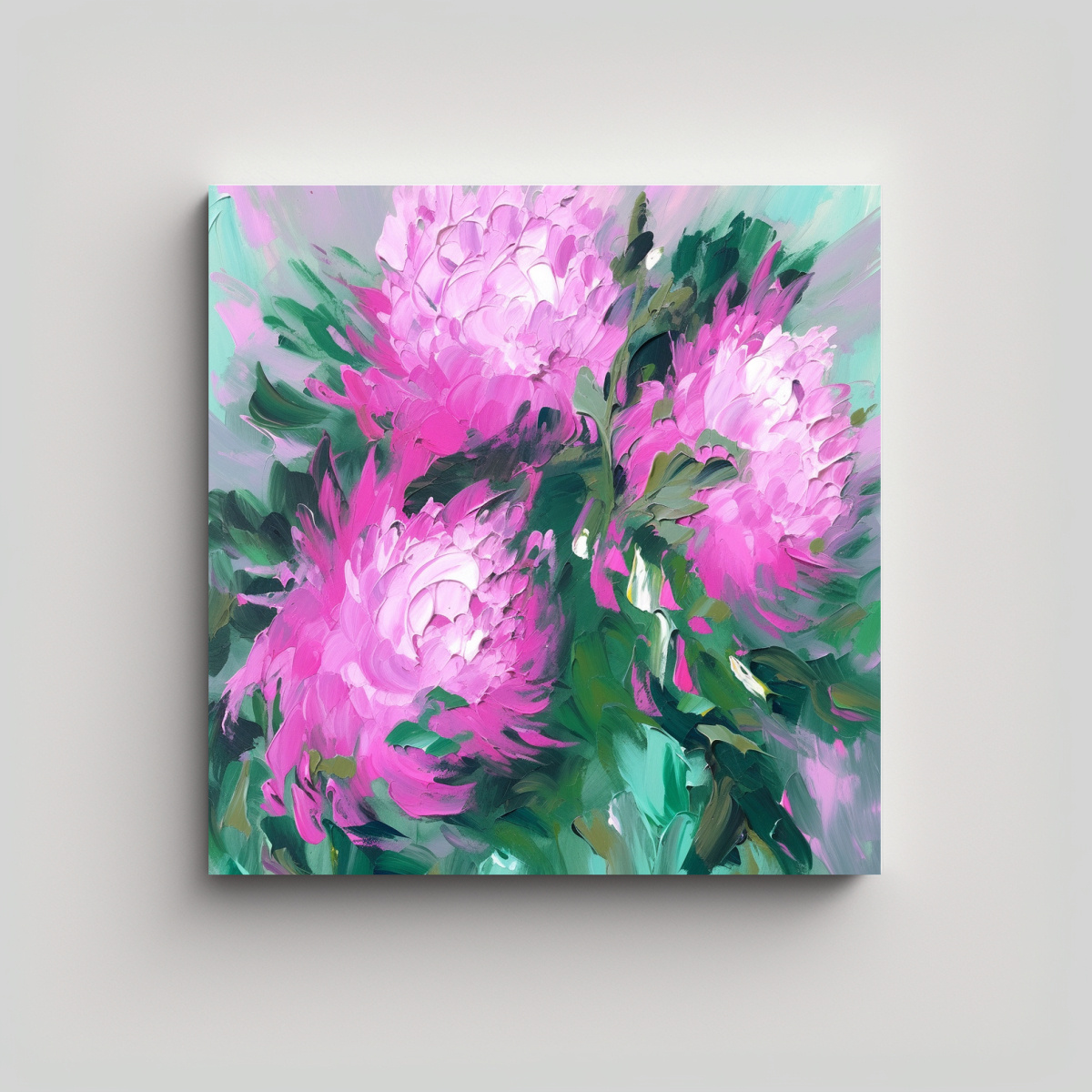 CUADRO MODERNO ÚNICO FLORES EN VERDE Y MAGENTA 100X100 CM - 1