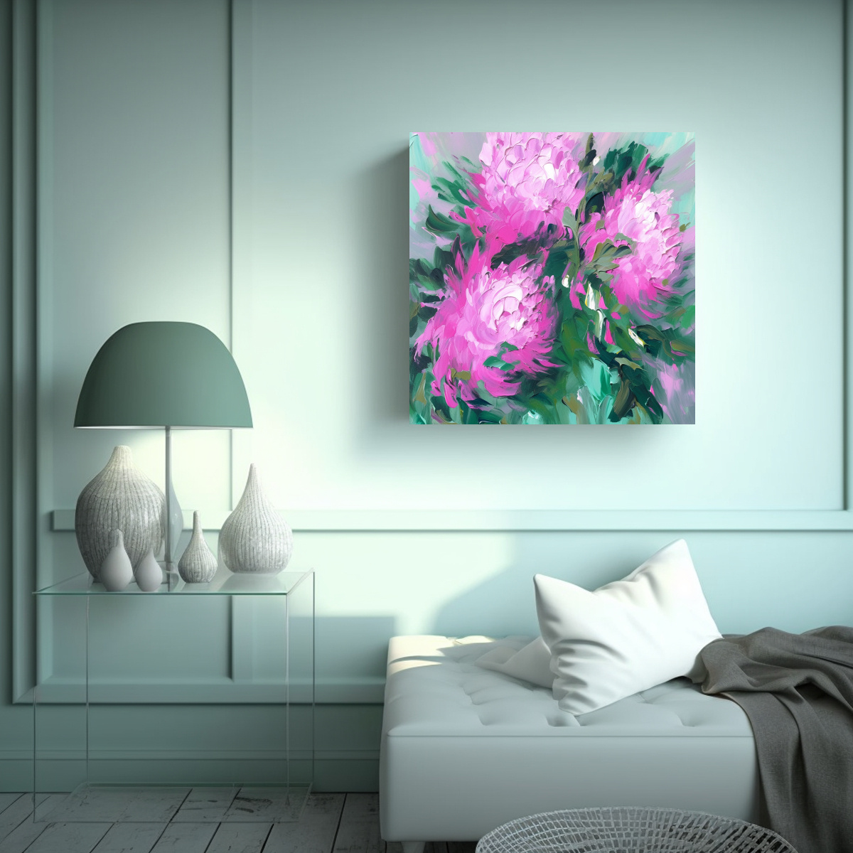 CUADRO MODERNO ÚNICO FLORES EN VERDE Y MAGENTA 100X100 CM - 2