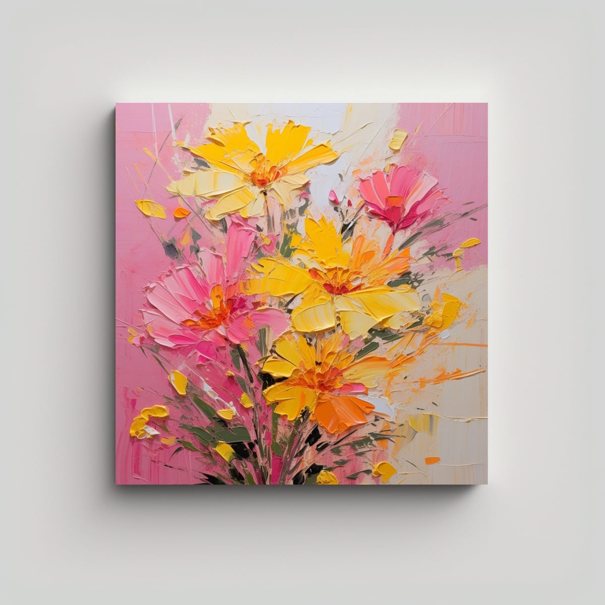PINTURA DE FLORES AMARILLAS Y ROSAS EN LIENZO CON 20X20 CM - 1