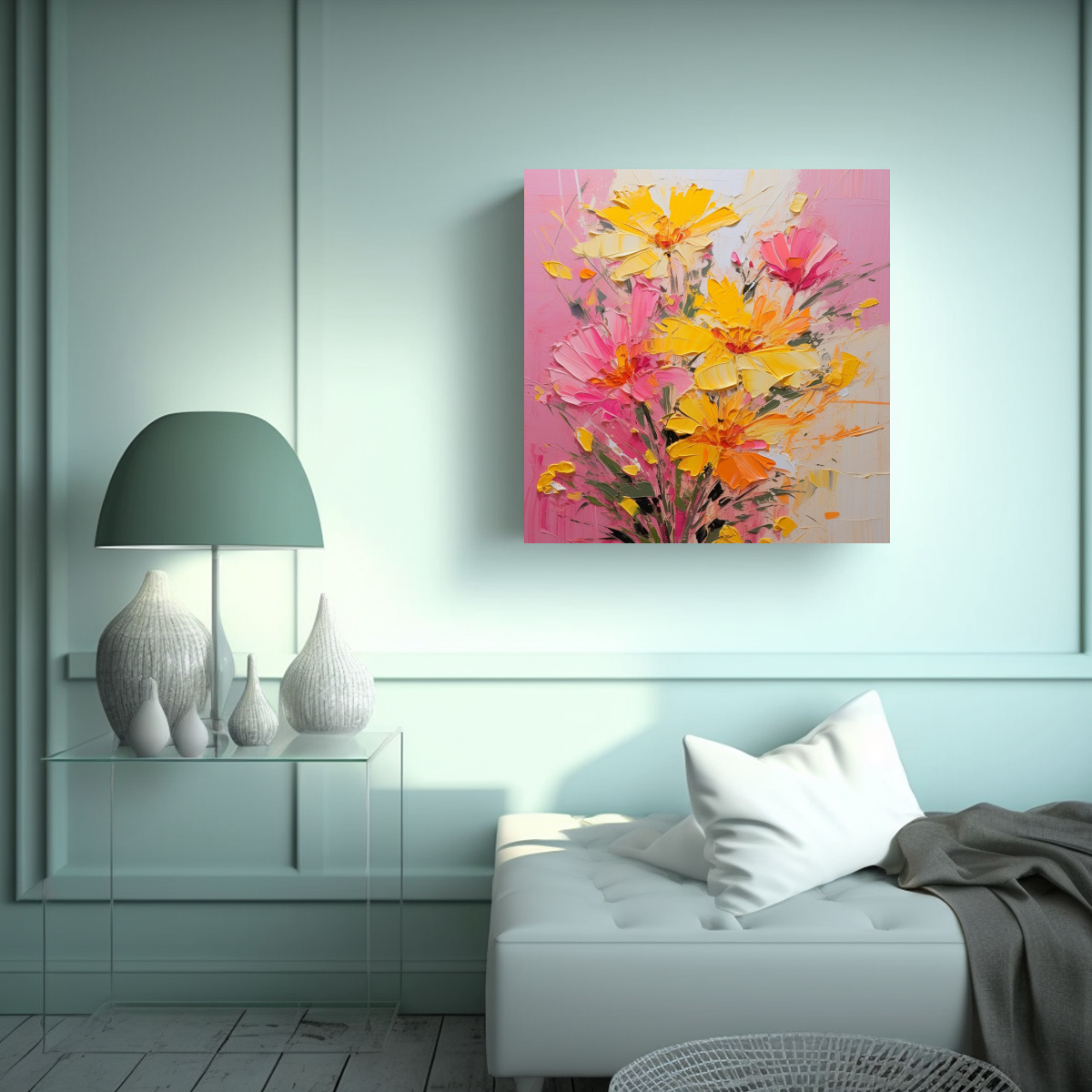 PINTURA DE FLORES AMARILLAS Y ROSAS EN LIENZO CON 20X20 CM - 2