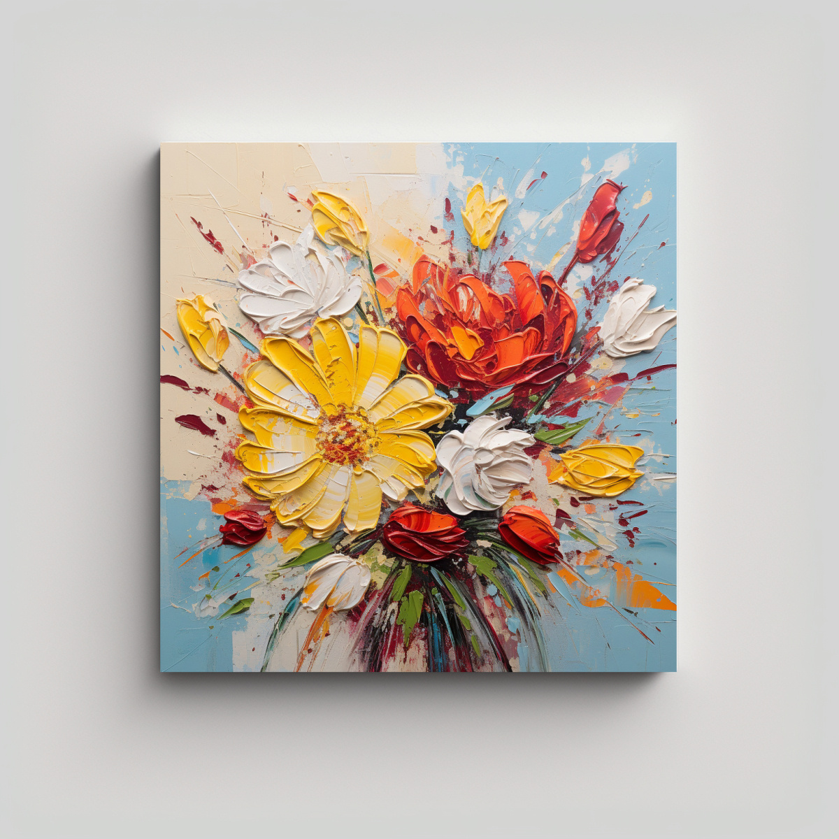 CUADRO DE FLORES AMARILLAS Y ROJAS EN LIENZO 70X70 CM - 1